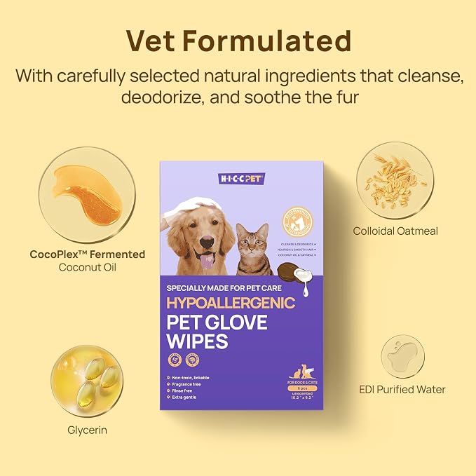 HICC PET Cleaning Deodorizing Glove Wipes for Dogs & Cats, Vet Recommended Hypoallergenic Hydrating & Nourish Fur Pet Grooming Glove Wipes, Pet Bathing Wipes for Horse Coat Care,6pcs Unscented
