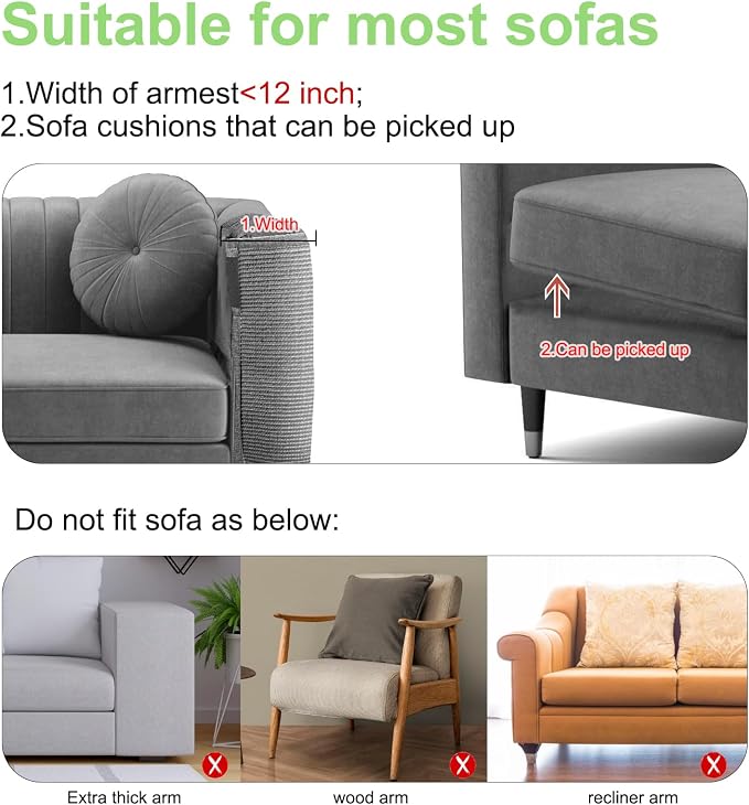 Cat Scratch Couch Protector,23.6" L*19.7" W Scratching Furniture Protector Pad,Cat Scratch Sofa Arm Sheild with Grey Natural Sisal for Protecting Couch Sofa Chair Furniture (Grey/Left Hand)