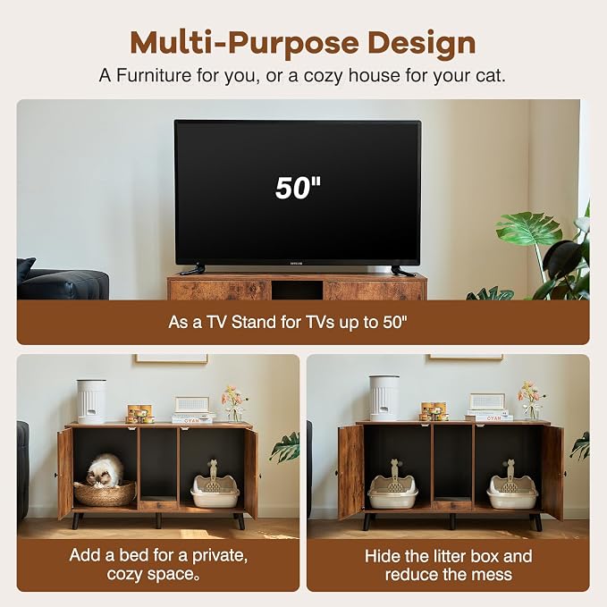 Litter Box Furniture for 2 Cats - Farmhouse Cat Litter Box Enclosure Cabinet Hidden Double Room, 42.3" TV Stand Large Space for Standard Pan Litter Boxes, Vintage Brown