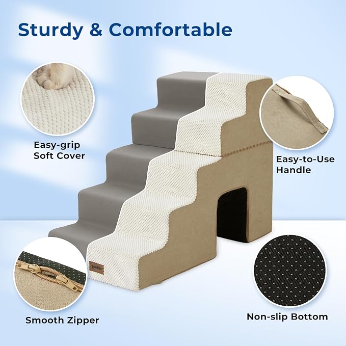 ZOMISIA Dog Steps for High Beds - 6 Step 29" H Pet Stairs with Tunnel 2 in 1 with Zippers Suitable for Small Dogs and Cats, Indoor Cat Ladders with Non-Slip Bottom, Beige