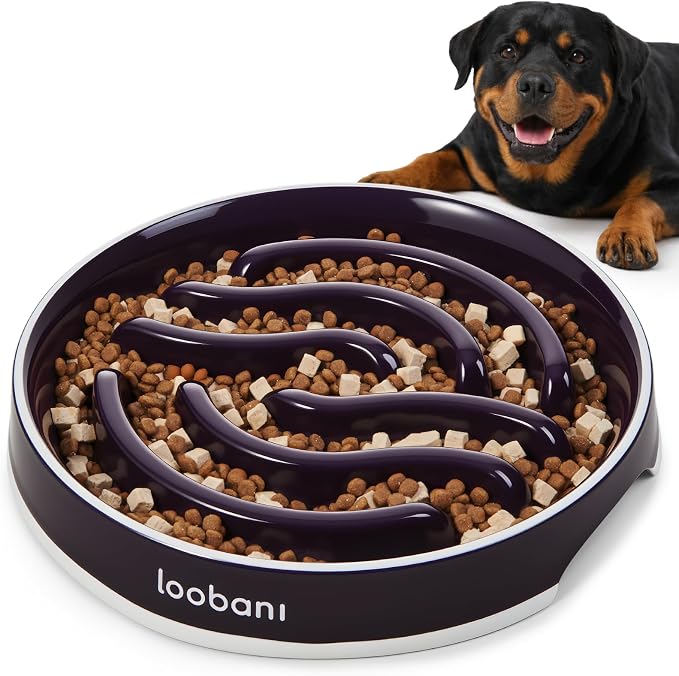 LOOBANI Ceramic Slow Feeder Dog Bowls - 4.5 Cups Slow Feeder Dog Bowls for Large Giant Dogs, Slow Feeding Easy-Grip Handles, Perfect for Fast Eaters Saint Bernards & Mastiffs (XL, Purple)