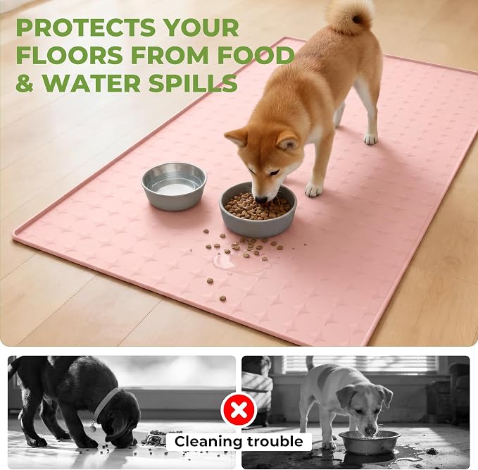 Extra Large 34x22 Inch Machine Washable Silicone Pet Food Mat - Waterproof Dog & Cat Bowl Mat with Raised Edge, Non-Slip Floor Protector for Large Dogs, Multi-Pet Homes (Pink)