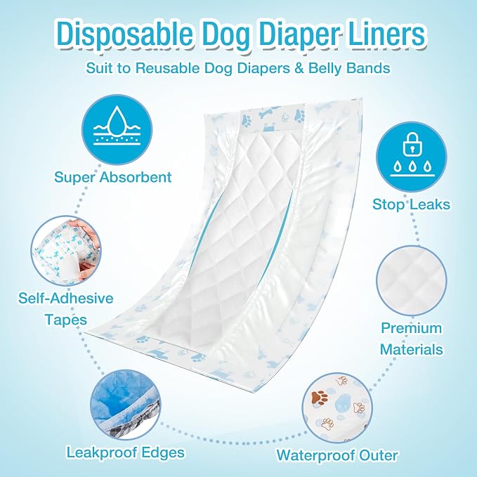 Pet Soft Dog Diaper Liners - Disposable Dog Diaper Booster Pads for Male & Female Dogs fit Most Dog Wraps and Belly Bands Up-Graded (Blue, M-100ct)