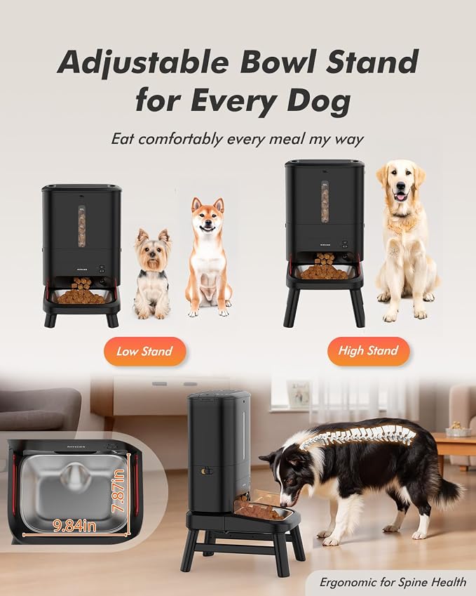 Automatic Dog Feeder for Large Breed with Camera - 15L/ 64 Cups Anti-Clog 5G WiFi Dog Food Dispenser for 2-23mm Kibble, Elevated Stand, Large Food Tray, 1080P HD Video with Night Vision, Keeps Fresh