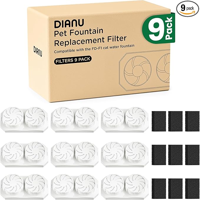 DIANU Official Cat Water Fountain Replacement Filters & Pre-Filter Sponges for 3.2L/108oz Stainless Steel Pet Fountain (9 Pack)
