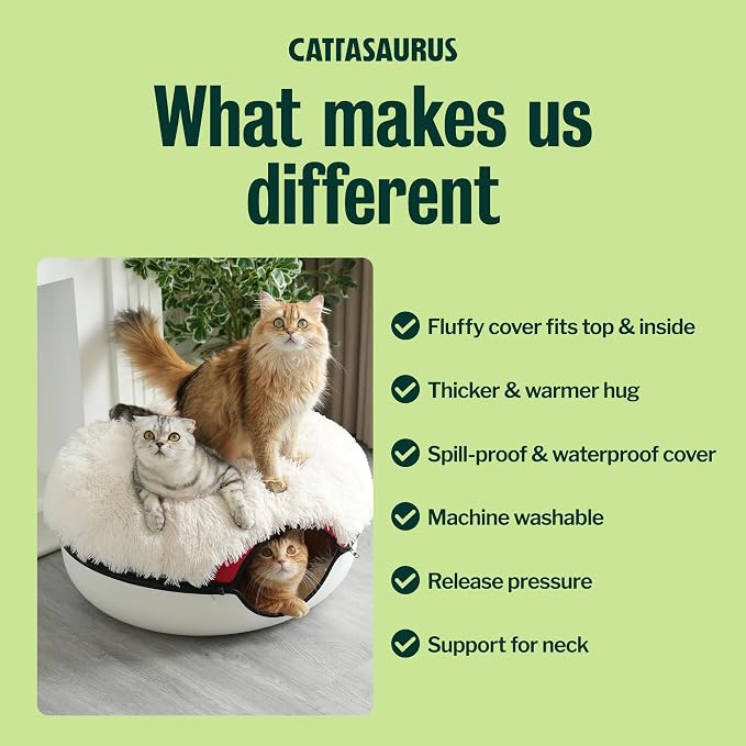 Cattasaurus Peekaboo Cat Cave for Multiple & Large Cats Up to 30-45 Lbs, Fluffy Cat Beds & Furniture, Scratch Detachable & Washable Tunnel Bed, Comfy Donut Bed (Ruby Snowball, Large (Calming))