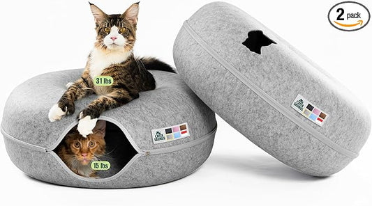 Cattasaurus Peekaboo Cat Cave Duo Jumbo Set, Extra Spacious Cat Donut for Multiple & Large Kitty 15+ lbs, Scratch Detachable Cat Beds for Indoor Cats, Washable Cat Tunnel Bed, Best Kitten Toys