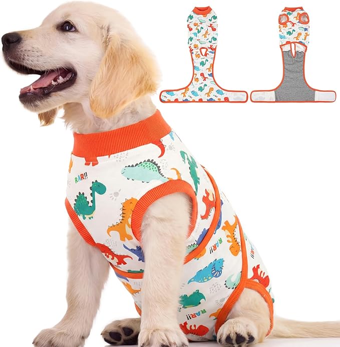 Kuoser Dog Surgery Recovery Suit, Soft Breathable Dog Recovery Suit for Female Spay Male Nueuter, Anti Licking Puppy Onesie Pet Surgical Suit for Dogs Abdominal Wounds Skin Disease, Dinosaur XS