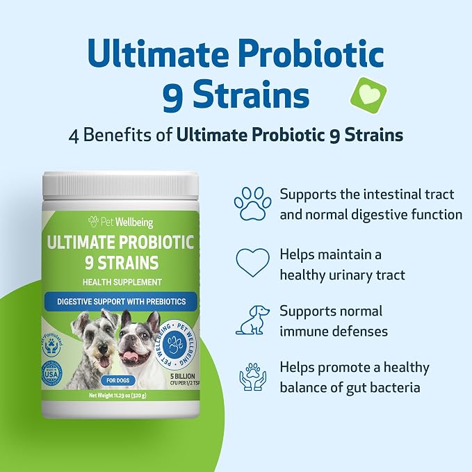 Pet Wellbeing Ultimate Probiotic 9 Strains for Dogs & Cats - Supports the Gut Microbiome and Digestion, Immune System Care, Urinary Tract Health, FOS, 2.5 Billion CFU - 11.29 oz (320 g) Powder
