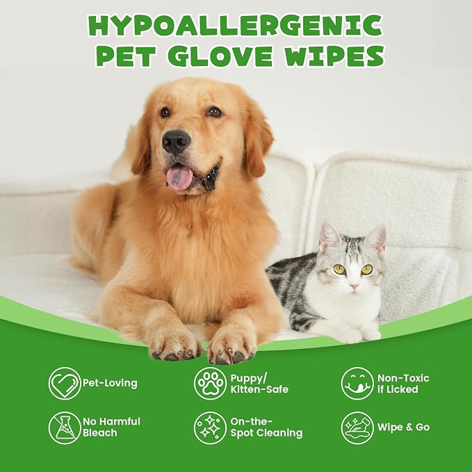 Pet Glove Wipes for Dogs and Cats, 20 Individually Wrapped Packs pet wipes, wash gloves Safe for Sensitive Skin, Quick Deodorizing, Loose Hair Removal, Full Body Grooming for Fur, Paws, Eyes & Ears