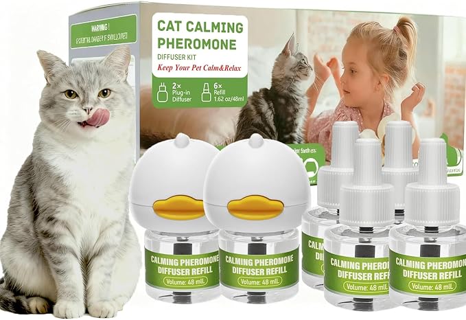 Cat Pheromone Diffuser to Calm Cats - Calming Diffuser Kit with 2 Plug-Ins & 6 Refills, Stress & Anxiety Relief to Help Reduce Fighting, Drug-Free for Peace at Home