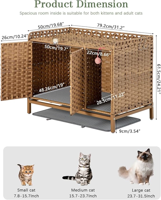 SETVSON Cat Litter Box Enclosure Furniture with Divider, Handwoven Rattan Litter Box with Mat, 31.2 x 19.6 x 24.2 Inches, Metal Heightened Feet, Hidden Cat House for Living Room, Bedroom (Natural)