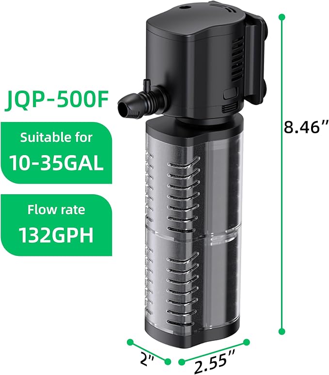 FREESEA Aquarium Fish Tank Filter: 5W 132GPH Internal Filter Pump 2-Stage Filtration for 10-35 Gallon Saltwater Betta Turtle Tanks