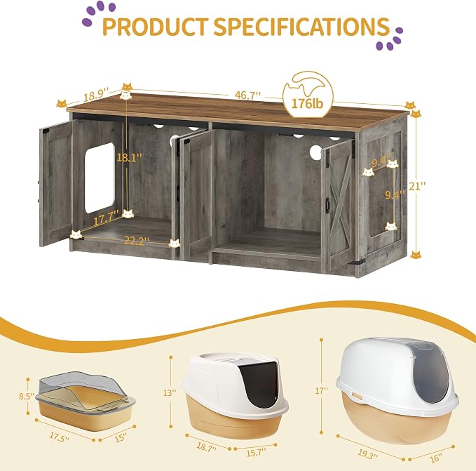 Hzuaneri Cat Litter Box Enclosure for 2 Cats, Hidden Litter Box Furniture Cabinet with Double Room, Indoor Cat House, Farmhouse Style, 46.7 x 18.9 x 21.1 Inches, Greige CB85305X