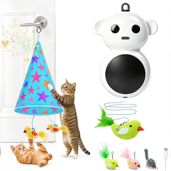 Interactive Cat Toys for Indoor Cats: 2 in 1 Automatic Hide and Seek Flying Bird Feather Wand Chirping Toy, Door Knob Moving Mouse Hunting Toys, Rechargeable Toys for Bored Kitten Adult Cats (Blue)