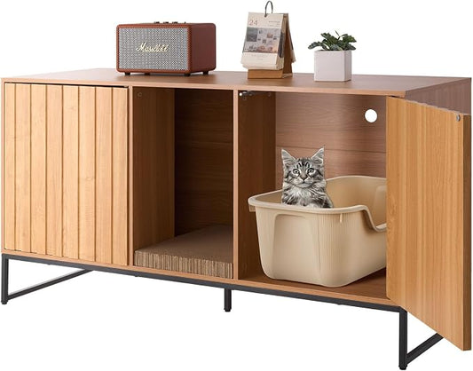 VEVOR Cat Litter Box Enclosure Furniture, 47.2 in Hidden Litter Box Cabinet with Scratch Pad & Storage, Waterproof Cat Washroom End Table Cat House, Fit Most of Litterbox, for Bedroom Living Room