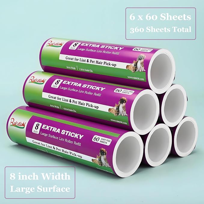 8 inch Large Lint Roller Refills Compatible with Scotch-Brite Pet Hair Pickup Extra Sticky Large Lint Roller 60 Sheets per Refill Pack of 6 Rolls 360 Easy-Tear Adhesive Sheets Total