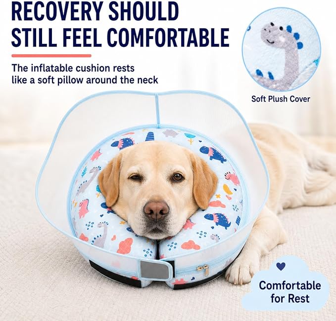 Inflatable Dog Cone Collar for Large Medium Small Dogs, Soft Dog Donut Collar Adjustable Recovery Cone for Pets After Surgery, Extra Enhanced Anti-Licking Guard Shield (Dinosaur, Medium Plus)