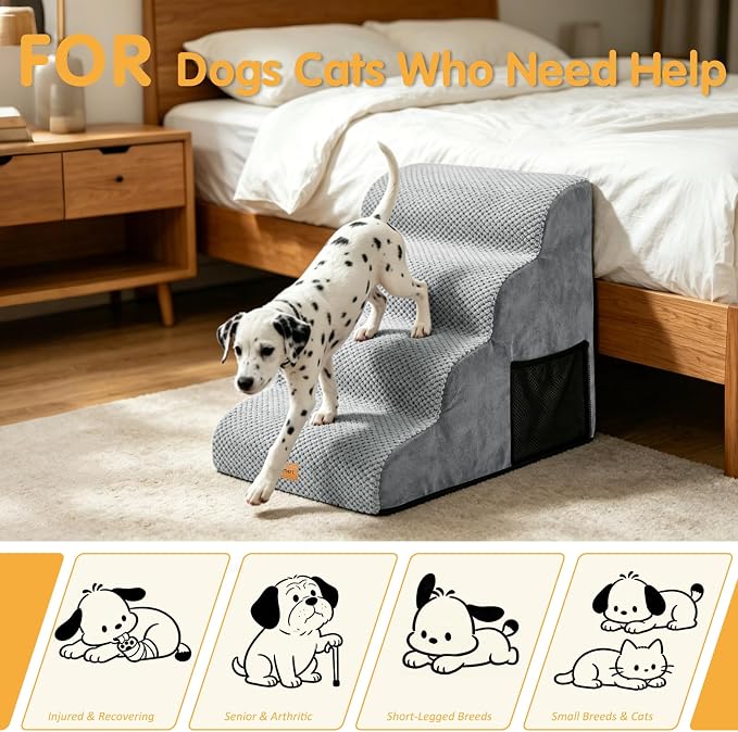 Topmart High Density Foam Dog Stairs 4 Tiers,Extra Wide Deep Pet Steps,Non-Slip Pet Stairs,Dog Ramp for Bed,Best for Older Injured,Older Pets,Cats with Joint Pain