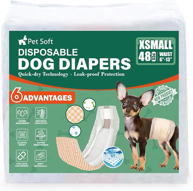 Pet Soft Disposable Dog Dipaers - Male Dog Wraps Wetness Indicator, Ultra Absorbent Puppy Diapers Male for Excitable Urination or Incontinence, 48pcs XSmall
