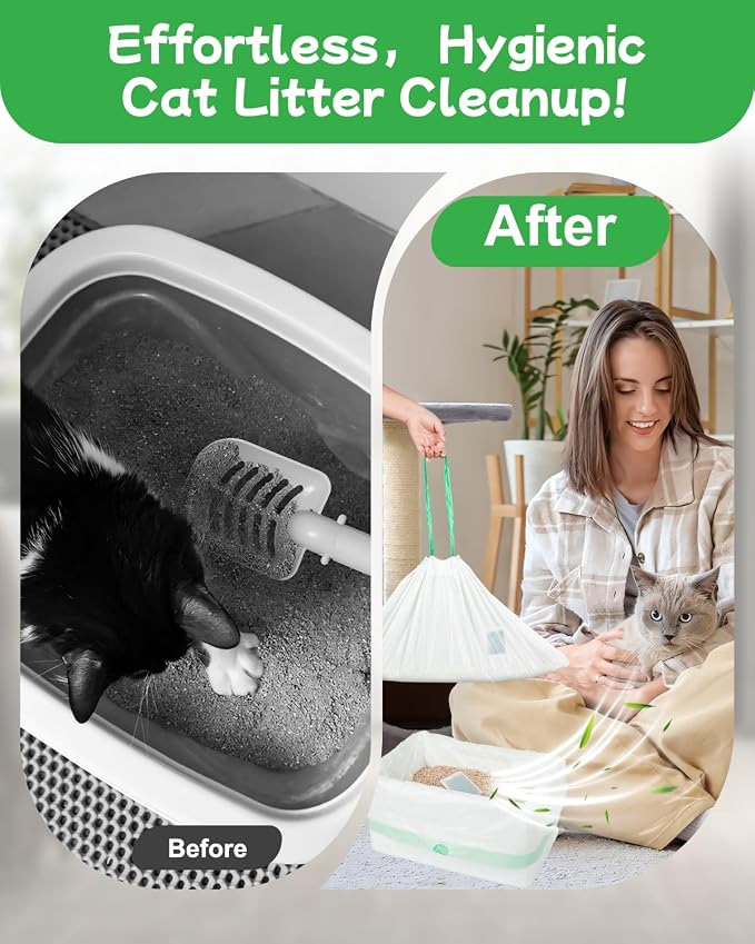 60 Count Cat Litter Bags Liners, Pre-separated Litter Robot Bags for Automatic Litter Boxes & Litter Robot 4/5/3, Thick 10-12 Gal Cat Waste Bags with Strong Ties, Fits Pans Under 24"