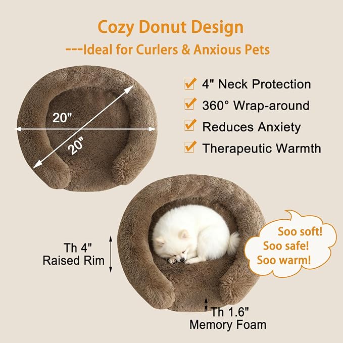 Calming Dog & Cat Beds with Orthopedic Egg-Crate Foam Raised Rim, Soft Fluffy Faux Fur Pet Bed for Small Medium Dogs, Anxiety Relief Spine Support, Machine Washable Cover (Round, Coffee 20")