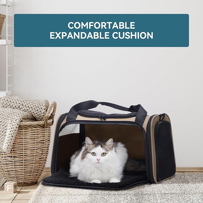 PETSFIT Pet Carrier for Cat, Small Dogs, Dog Carrier Airline Approved, TSA Approved Soft Cat Carrier for Travel, Small Animal Carrier for Pets Under 12 Lbs, Khaki