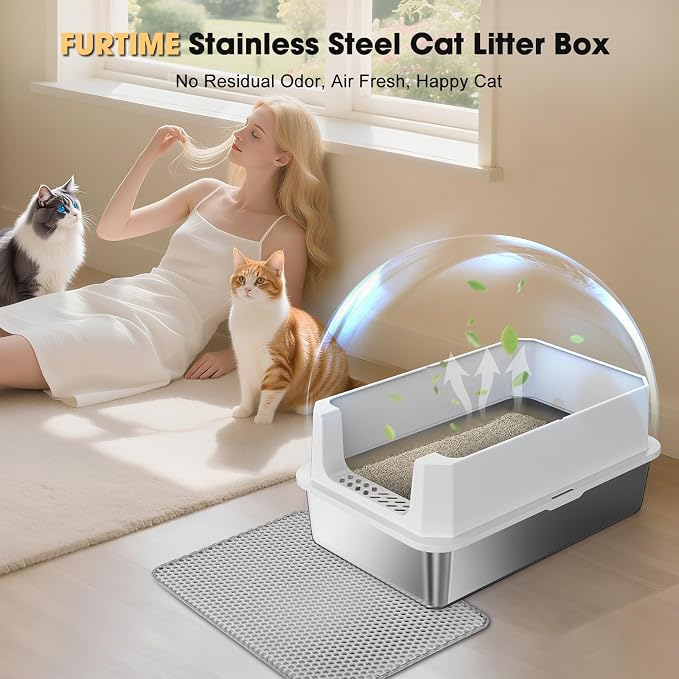 FURTIME Stainless Steel Cat Litter Box, Easy-Clean High-Sided Metal Litter Box, Open-Top Litter Pan for Large Cats, Includes Scoop & Mat, Non-Stick, Anti-Leakage, 23"×15"×10.5"