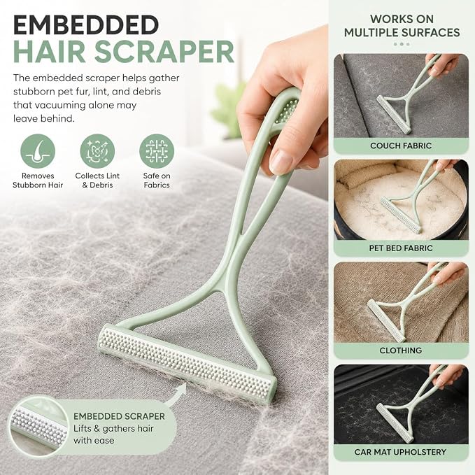 GOOGO Pet Hair Removal Tool Kit, 3 in 1 Carpet Rake Set with White Long Handle Brush, Mint Green Scraper and Scalable Pet Broom Glove for Carpets, Couches and Cars