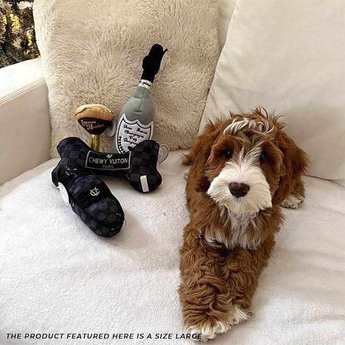 Haute Diggity Dog Chewy Vuiton Bone Plush Squeaky Dog Toy, Soft Durable Designer-Inspired Stuffed Puppy Chew Toys for Small & Medium Dogs, Machine-Washable (Black Checker) Large