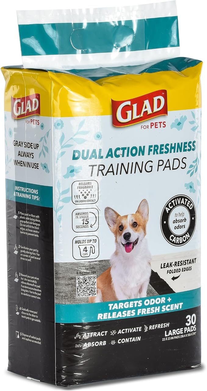 Glad for Pets Dual Action Freshness Activated Carbon Puppy Pads, Fragrance Release, Scented Odor Control, 6-Layer Leak-Proof, Pheromone Attractant, 23 x 23 Inch, 30 Count
