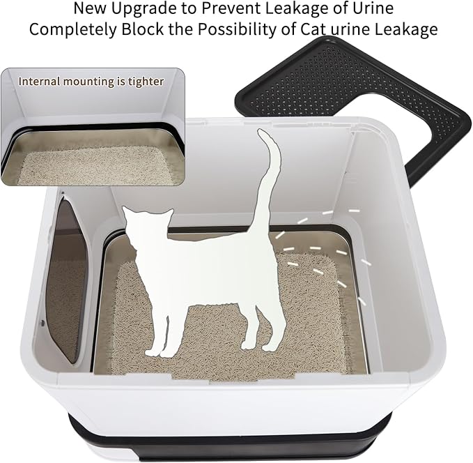 RIZZARI Stainless Steel Cat Box: Black Large Capacity Enclosed Litter Pan with High Walls - Non-Stick Teflon Coating & Leak-Proof Drawer - Odor Control - Perfect for Bathroom Balcony