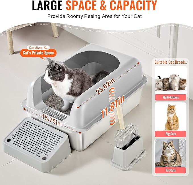 VEVOR Stainless Steel Cat Litter with Lid, XL Extra Large Enclosed Cat Litter Box for Big Cats, High Sides Metal Litter Box, Anti Leakage,Odor-Free & Easy Cleaning,Include Scoop & Foot Board