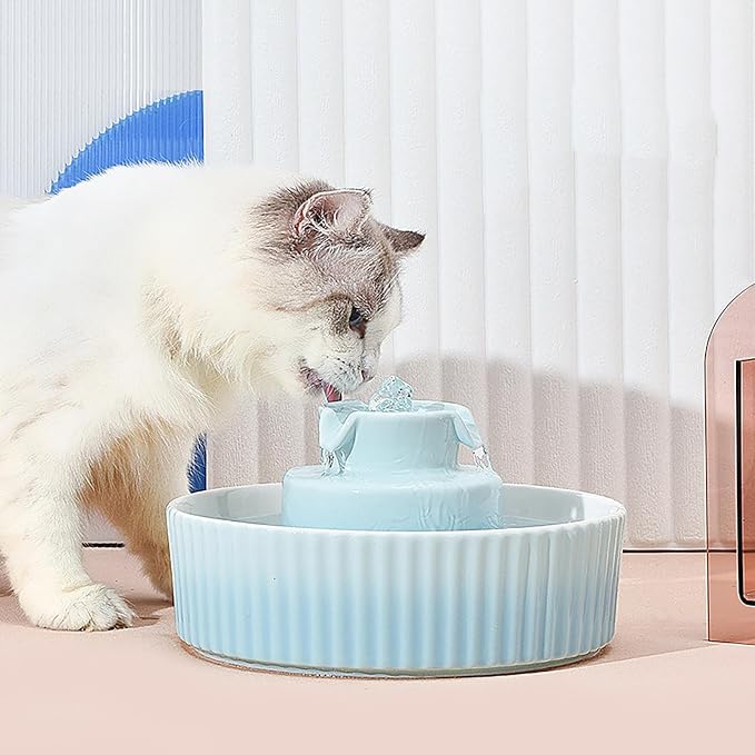 Ceramic Cat Water Fountain with 9 Filters 3 Sponge Cats Tower Water Dispenser 2.1L/71.02oz Dog Water Bowl Dispenser Cat Fountain for Cats Indoor Ultra Quiet Pump Pets Water Bottle Light Blue