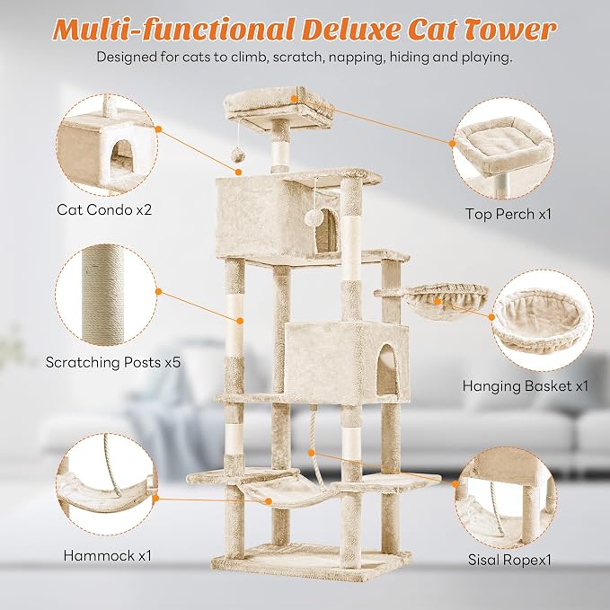 Large Cat Tree 66 Inch, Multi-Level Tall Cat Tree Tower with Condo, Perches, Sisal Scratching Posts and Hammock, Pet Play House with Dangling Balls for Indoor Cats, Beige