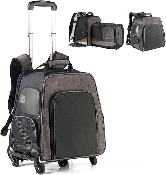 Wheeled Pet Carrier Backpack Expandable, Soft Sided Hiking Carrying Rolling Bag for Small Dogs, Cats, Hedgehog, Hands Free Mesh Ventilation Bag for Walking Hiking Travel Outdoor Activities
