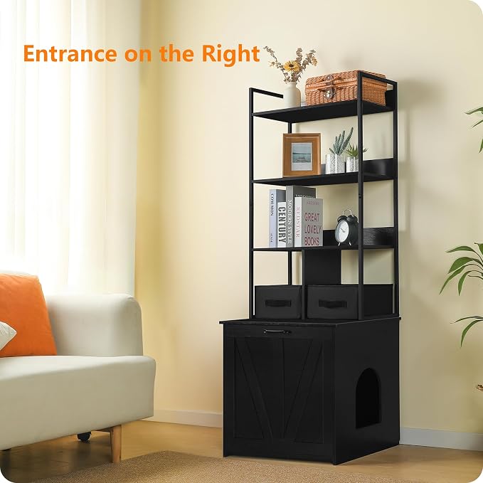 DWANTON Litter Box Enclosure with 3 Storage Shelves and 2 Drawers, 2-in-1 Hidden Cat Litter Box Enclosure Furniture with Shelf, Reversible Entrance, Washable Drawers, 61.8-Inch, Black