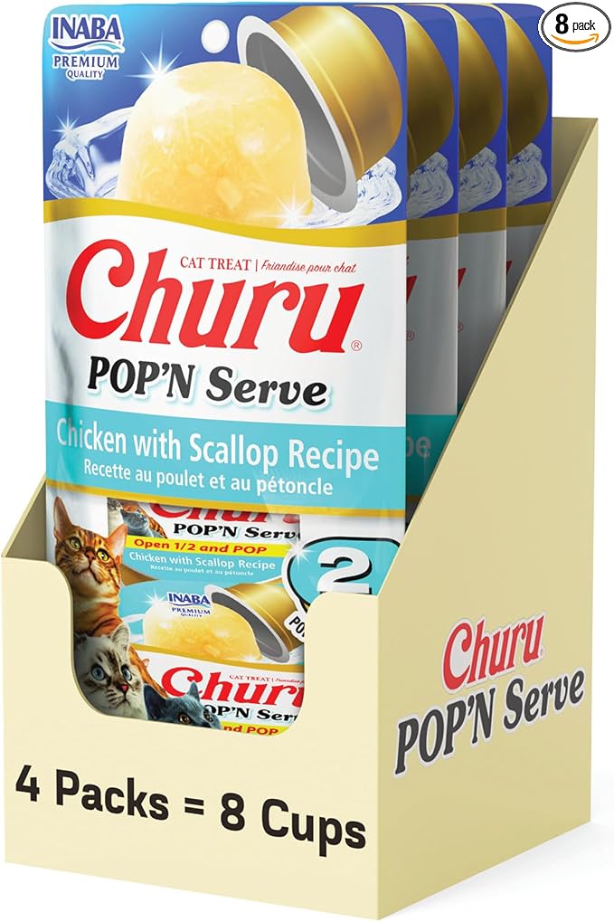 INABA Churu Pop'N Serve Jelly Cat Treat with Vitamin E & Taurine, 1.2 Ounce Cup, 8 Cups, Chicken with Scallop Recipe