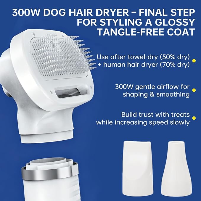 Professional Pet Grooming Dryer Brush – 3-in-1 Dog Blow Dryer with Slicker Brush, Adjustable Temp, Overheat Safe, Salon Quality