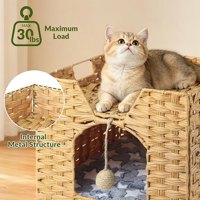 Handwoven Rattan Cat Bed Indoor Kitten, Cat Bed Cave with Cushion, Sisal Ball & S-Shaped Hooks, Foldable Hideaway Cat House for Bedroom Living Room, Natural