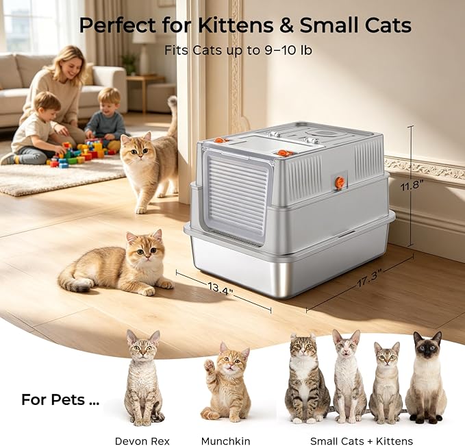 URPOWER Stainless Steel Cat Litter Box with Lid 180° Flip-Top Enclosed Kitty Litter Box Non-Sticky Metal Pan with High Sided & Scoop for Kitten, Small Cats, Odor Free, Anti-Leakage, Easy Cleaning