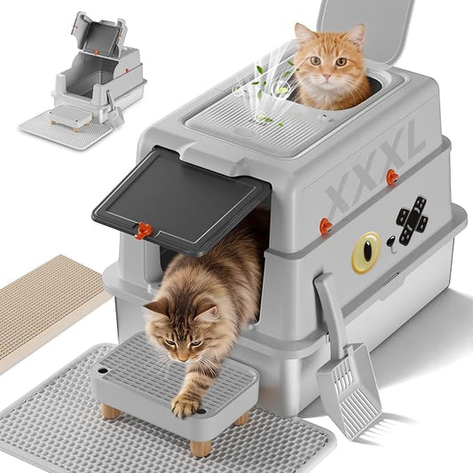 XXXL Stainless Steel Cat Litter Box with Lid, 27.5"×20.1"×17.3" Jumbo Enclosed Litterbox,Dual-Entry (Front Entry & Top Exit),High-Sided,Non-Stick,Odor Control,for Big Cats, with Mat,Scoop & Step,Grey