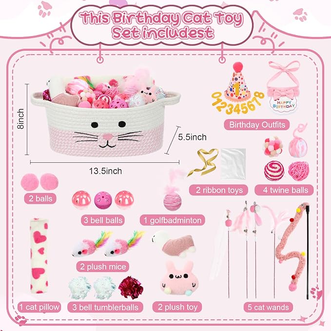 Zopeal 38 Pcs Graduation Cat Toy Set Interactive Cat Toys Pack Including Cats Gift Basket Feather Teaser Wand Plush Gift Outfit Mice Crinkle Balls and Pet Bell Balls, Puzzle for Indoor(Pink)