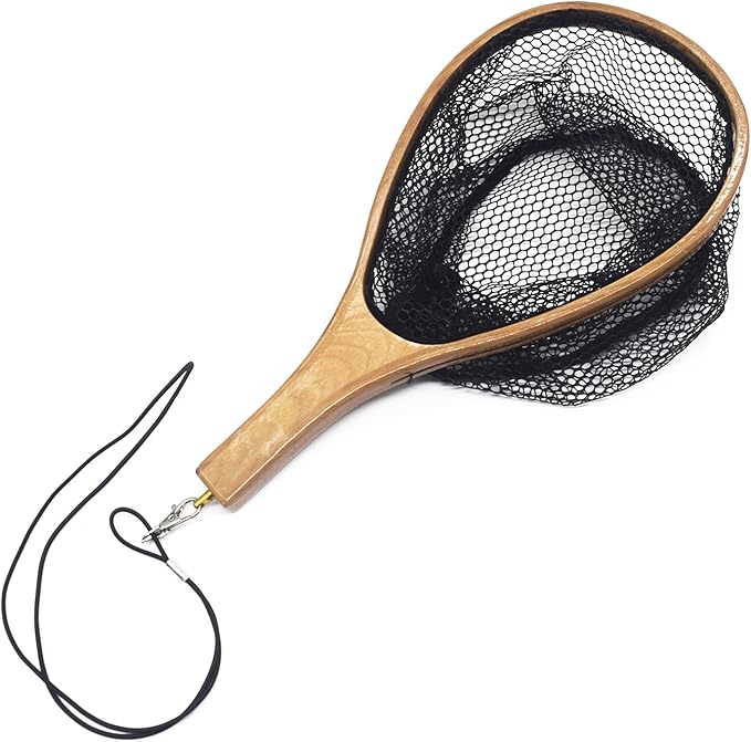 Small Wooden Frame Fly Fishing Landing Net With Soft Rubber Mesh for Trout Bass Catch and Release - Fishing Gear