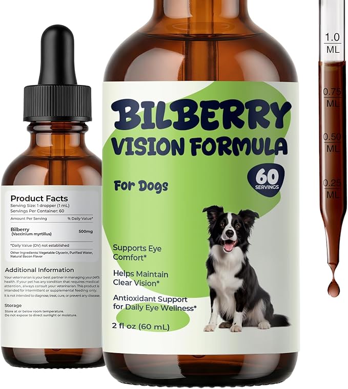 Bilberry Advanced Vision Formula for Dogs, Bilberry Extract Liquid Drops, Dog Eye Health Supplement, Supports Clear Vision & Eye Comfort with Antioxidant Support, Easy to Add to Food, 2 fl oz
