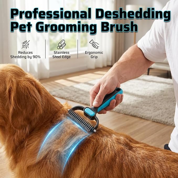 Double-Sided Pet Grooming Rake, Extra Wide Deshedding Tool for Long Hair Dogs & Cats, 2-in-1 Undercoat Rake with Stainless Steel Teeth, Pet Comb for Loose Hair (Large)