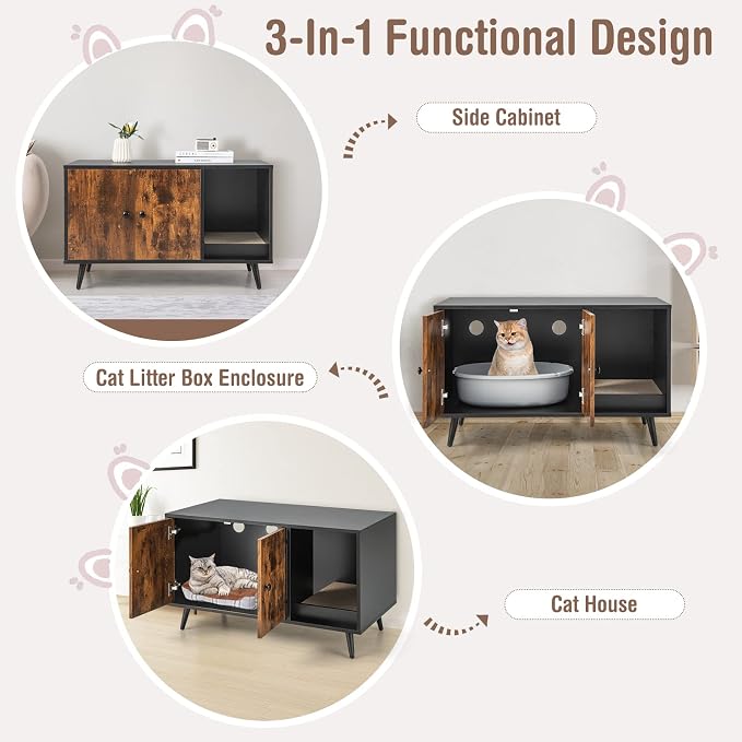 Tangkula Cat Litter Box Enclosure, Cat Washroom W/Divider, Scratching Pad, Metal Leg, Enclosed Cat Box Cabinet Pet House W/Double Doors, Litter Box Furniture Hidden for Large Cat (Rustic Brown)