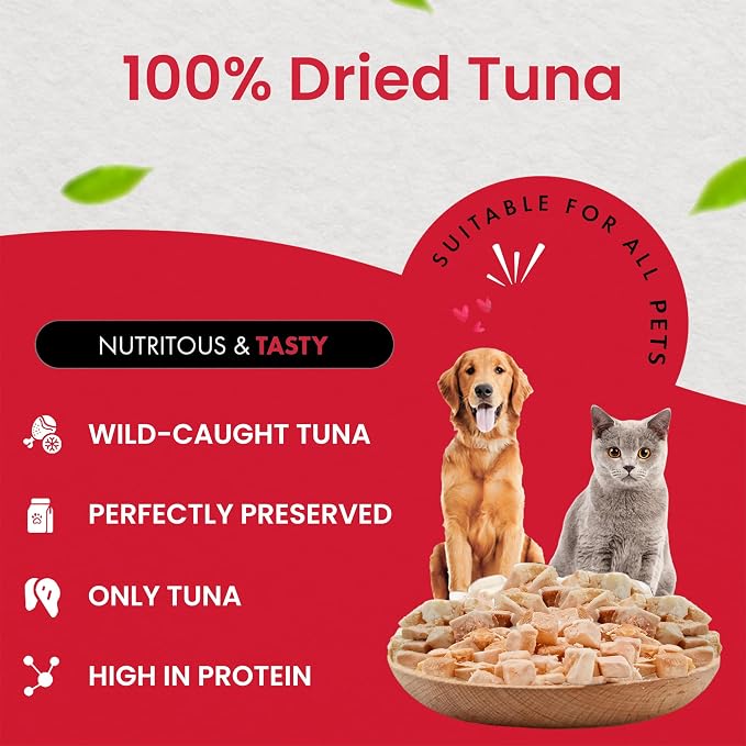 Tuna Cat Treats, 100% Wild Caught | Freeze Dried Dog Treats, High Protein | Grain-free, Single Ingredient Cat & Dog Food Toppers | No Additives or Preservatives | Inspected & Tested in USA | 8.5 oz