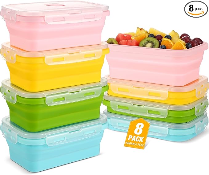 Mifoci Set of 8 Silicone Collapsible Bowls for Camping with Vent Lid Silicone Storage Containers for Food Meal Preparation Square Bowl Microwave Freezer Dishwasher Safe(Macaron Color,17 Oz/ 500 ml)