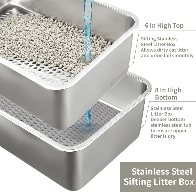 XL Stainless Steel Cat Sifting Litter Box 23.6“x15.7"x6" - Metal High Sided Open Top Litterbox Odor Control Non-Clumping with Scoop Litter Mat Trash Bag, Anti-Leakage, Less Tracking, Easy Cleaning